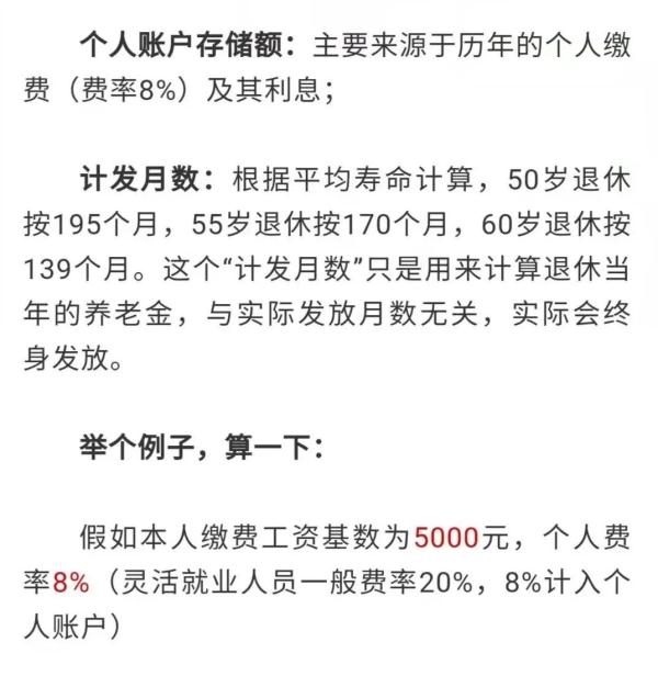 4800 × 15 = 72000 (元) (未计算利息)假如60岁退休,个人账户养老金=